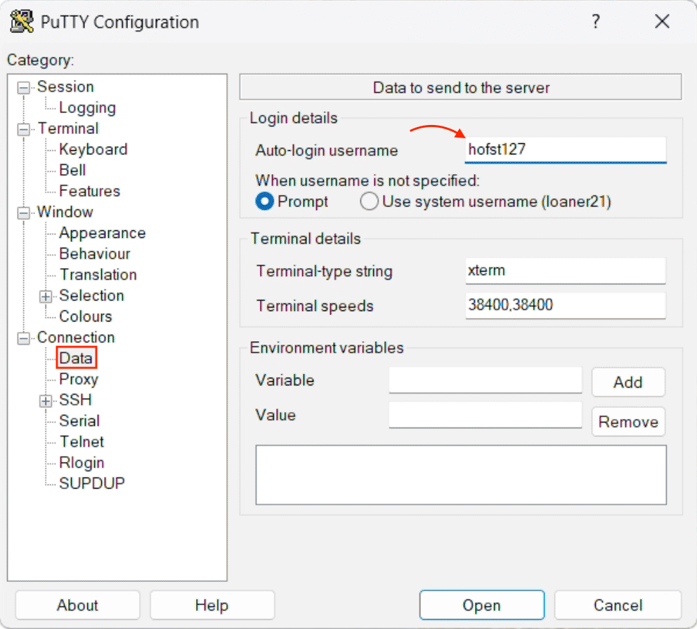 PuTTY auto-login username field