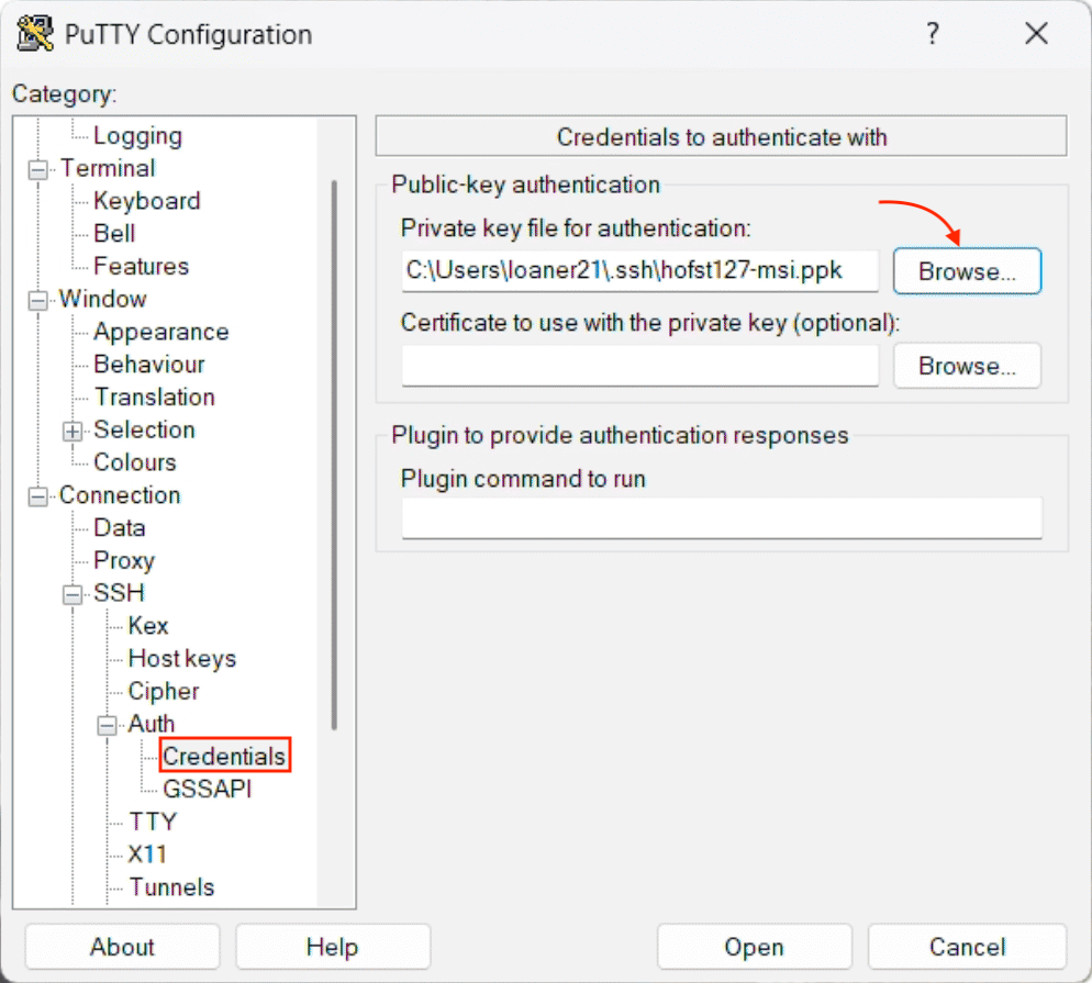 Load private key in PuTTY