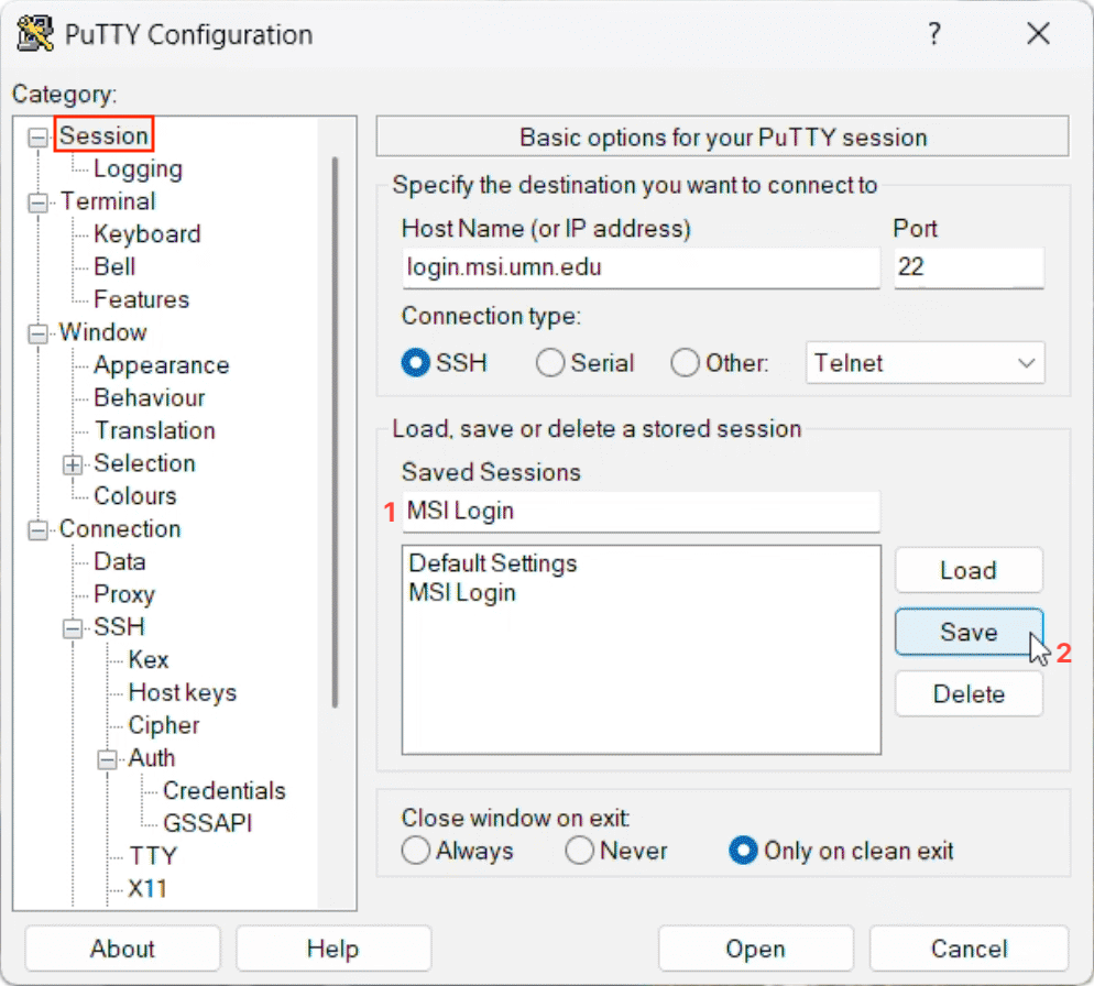 Save PuTTY session