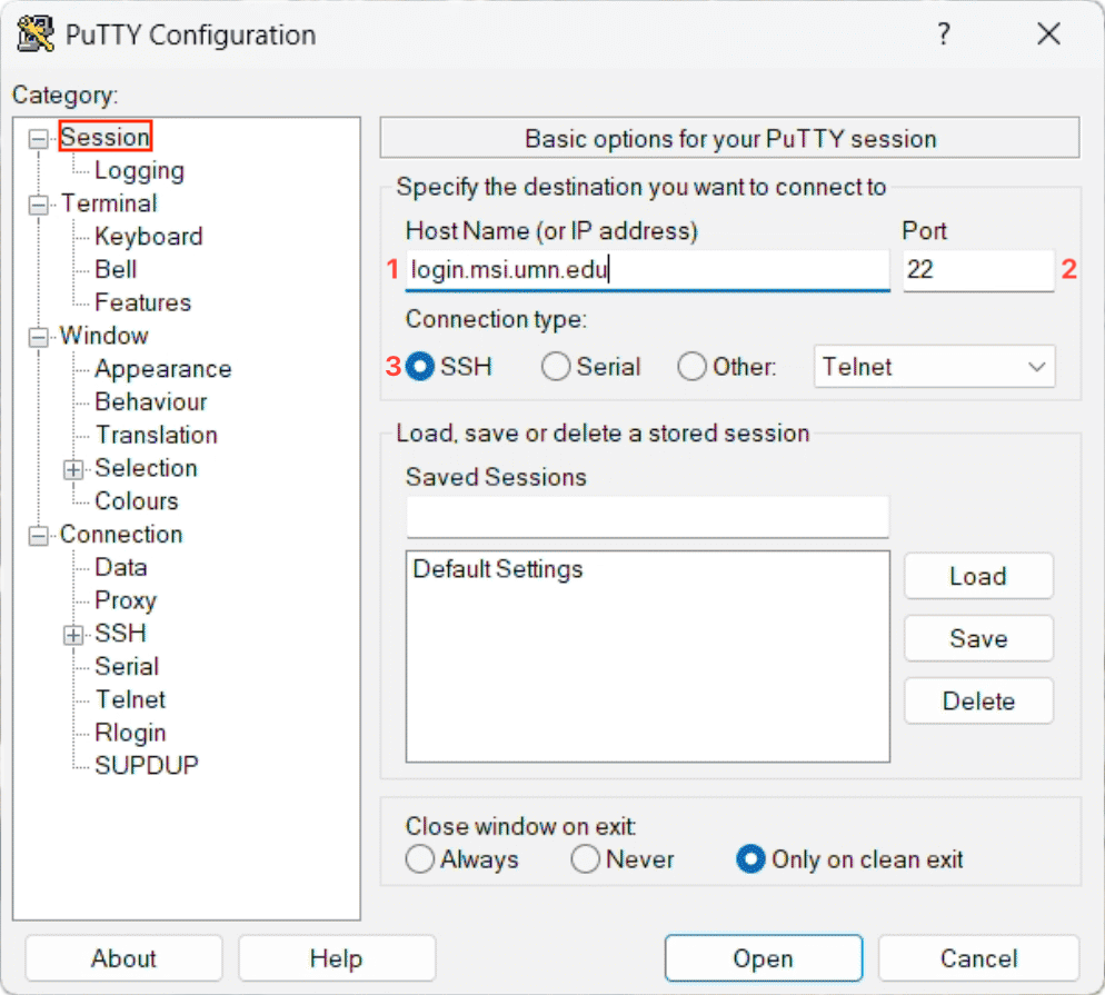 PuTTY session configuration