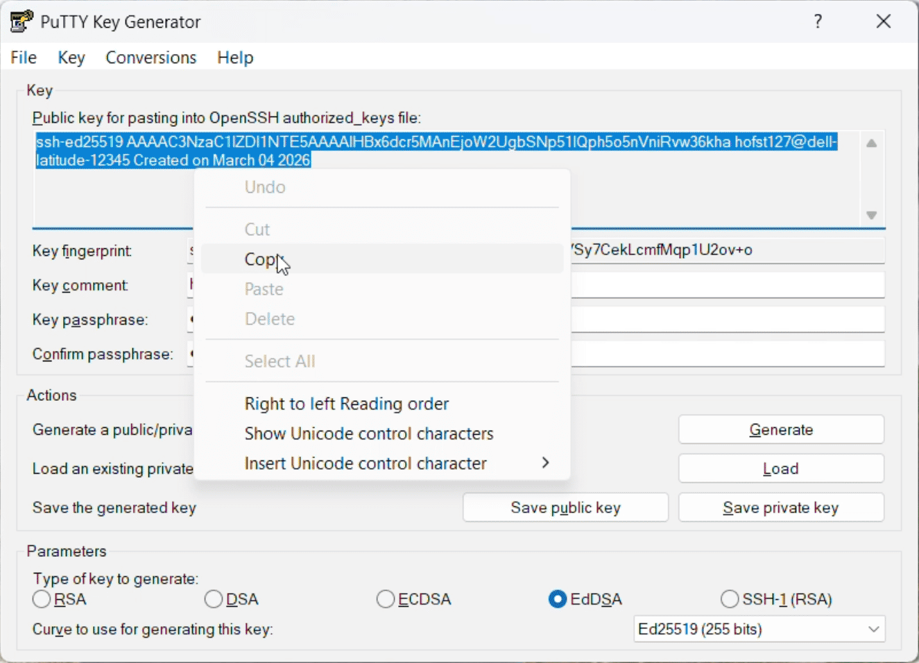 Copy public key from PuTTYgen