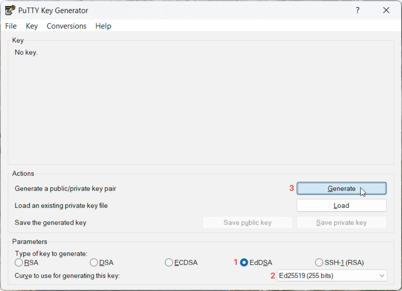 PuTTYgen key generation parameters