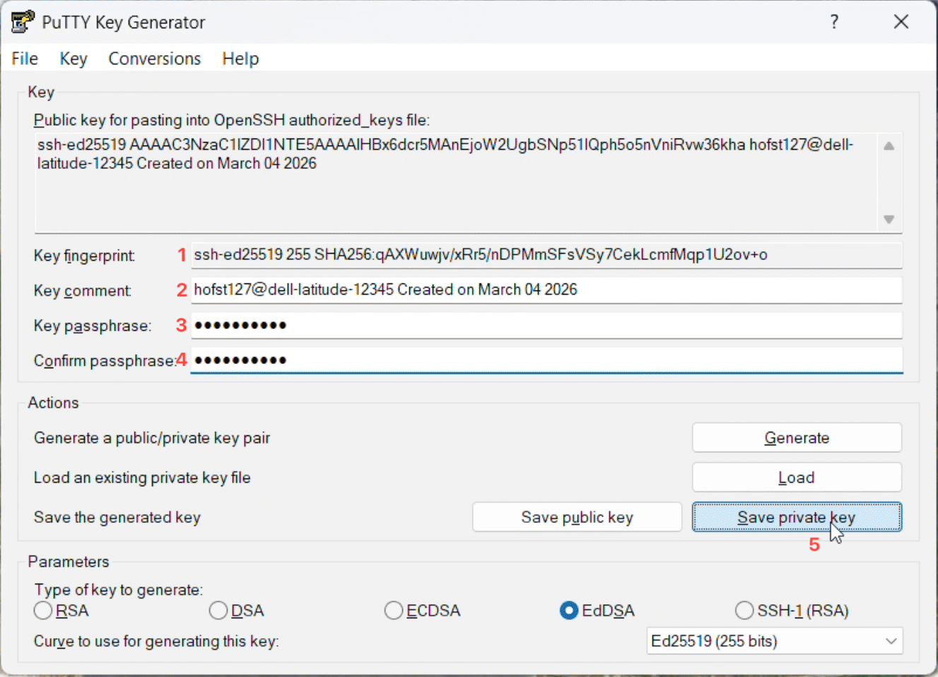 PuTTYgen save private key screen