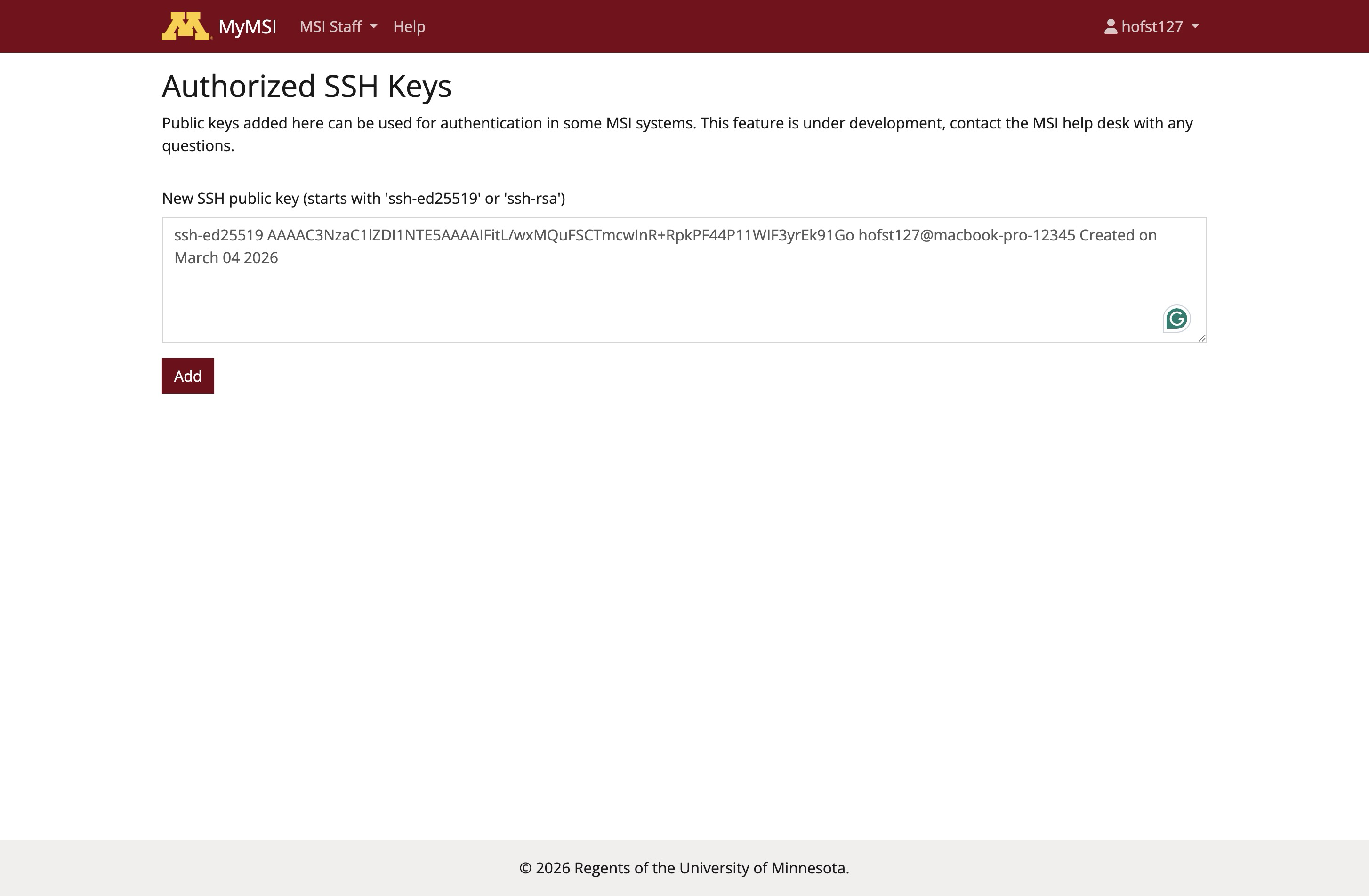 Authorized SSH Keys page on MyMSI