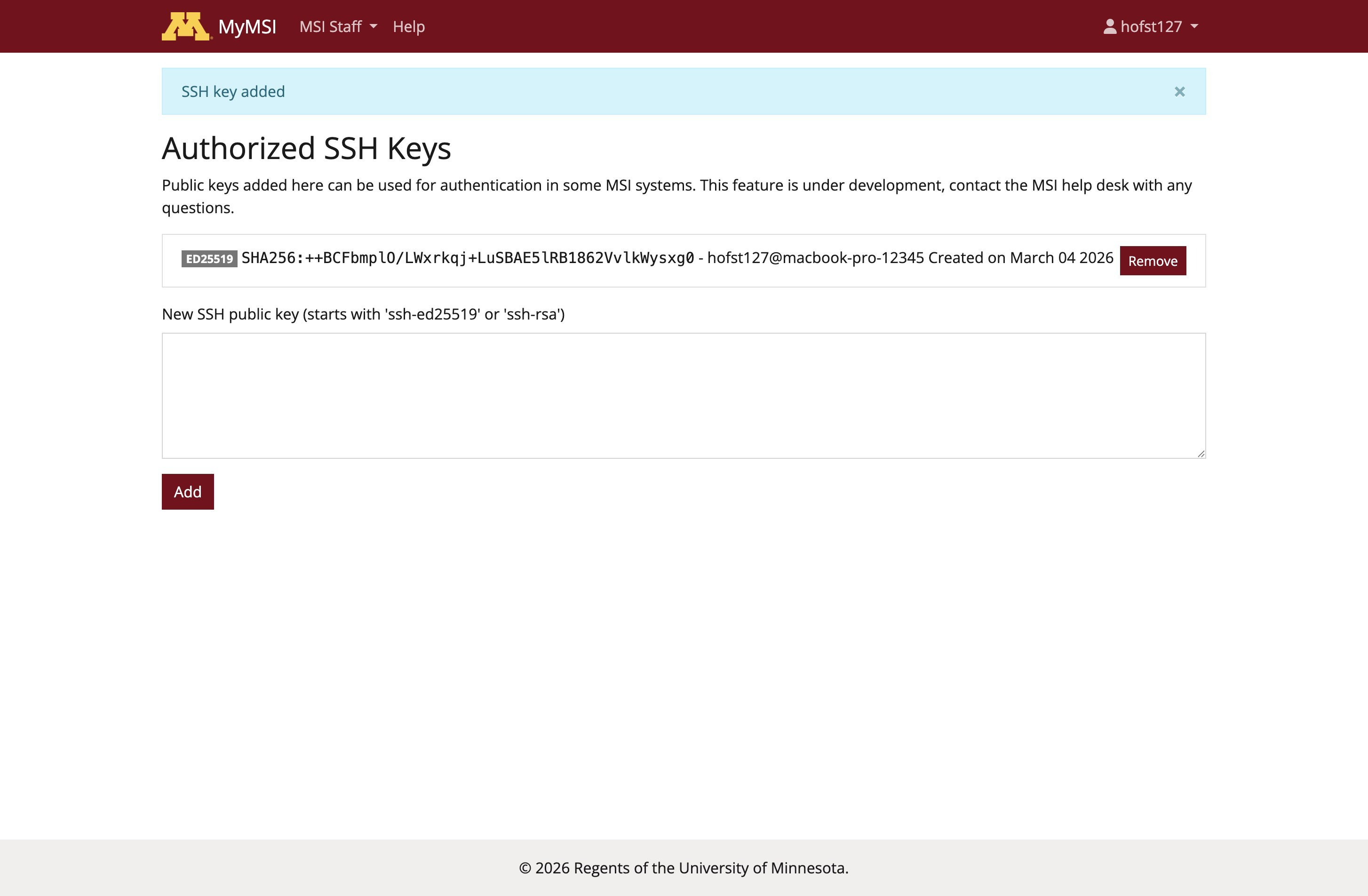 SSH key added in MyMSI